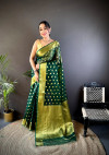 Green latest organza silk saree with zari weaving work