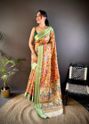 Mustard yellow unique kalamkari digital print paithani silk saree