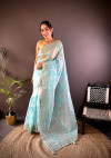 Sea green fancy organza silk saree with embroidery work