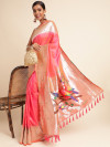 Peach zari woven muniya border traditional soft paithani silk saree