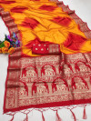 Mustard yellow shibori printed soft silk saree with zari weaving rich pallu