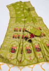 Mahendi green traditional handloom raw silk saree with woven design
