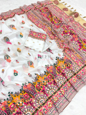 White soft rajwadi pashmina silk weaving saree with lagdi patta pallu