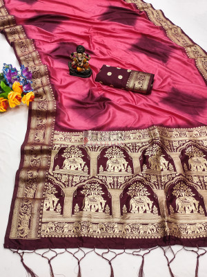 Pink shibori printed soft silk saree with zari weaving rich pallu