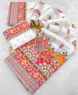 White soft rajwadi pashmina silk weaving saree with lagdi patta pallu