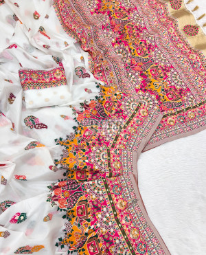 White soft rajwadi pashmina silk weaving saree with lagdi patta pallu