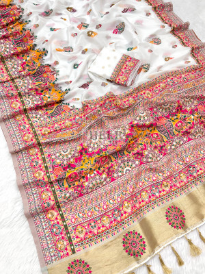 White soft rajwadi pashmina silk weaving saree with lagdi patta pallu