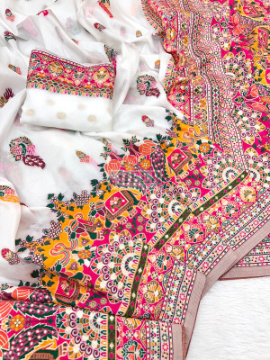 White soft rajwadi pashmina silk weaving saree with lagdi patta pallu