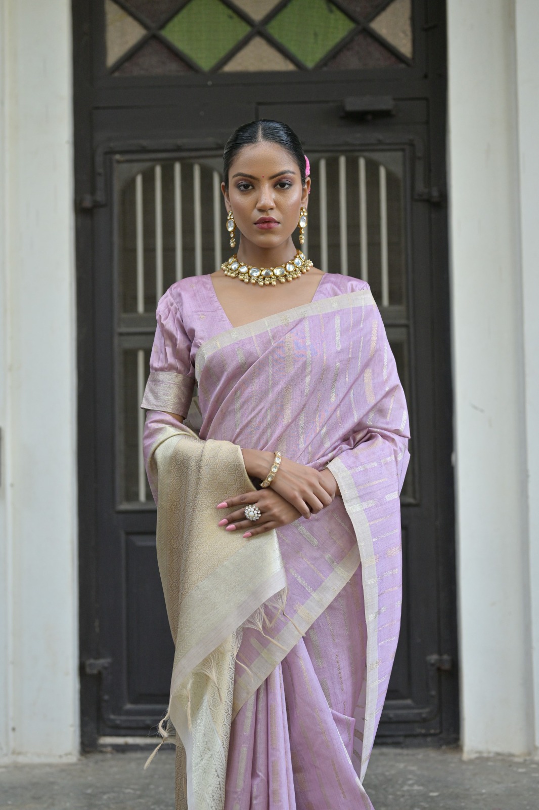 Golden and Green Organic Tussar Silk and Zari Handspun and Handwoven Saree