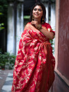 Red color soft lichi silk Weaving Jequard work saree