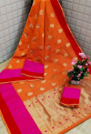 Orange color soft Cotton Jacquard work saree