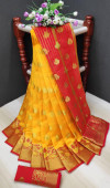 Yellow color soft lichi silk Weaving Jequard work saree