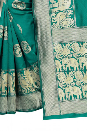 Rama green color kora silk woven design saree