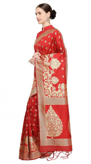 Red color Soft Cotton Silk zari woven work saree