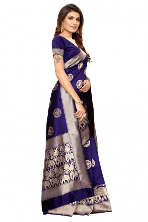 Navy blue color kora silk woven design saree
