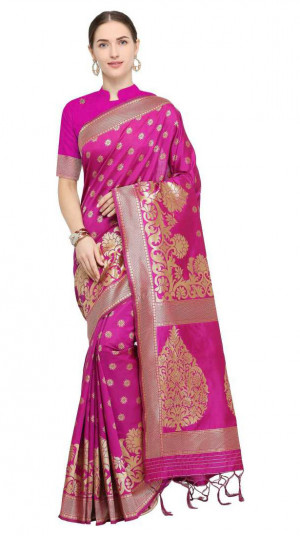Pink color Soft Cotton Silk zari woven work saree
