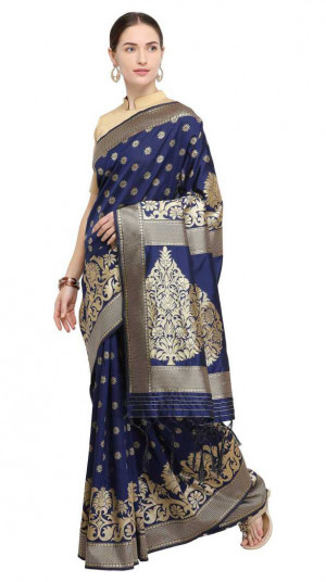 Navy blue color Soft Cotton Silk zari woven work saree