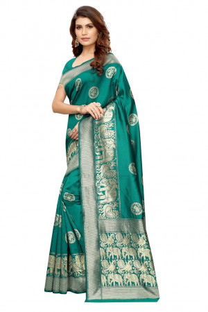 Rama green color kora silk woven design saree
