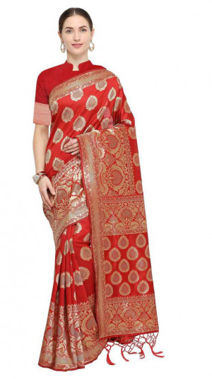 Red color soft cotton silk woven work saree
