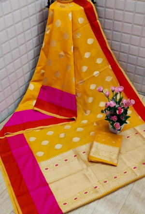 Yellow color soft Cotton Jacquard work saree