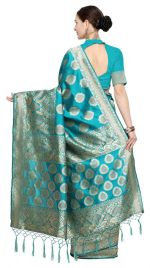 Sky blue color soft cotton silk woven work saree
