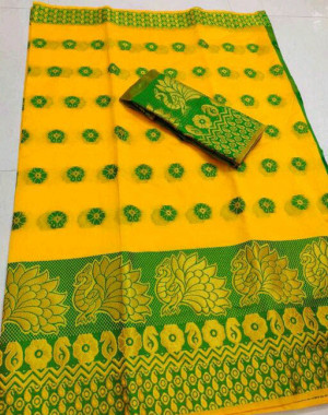 Yellow color cotton silk saree with woven design
