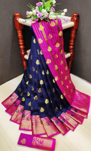 Navy blue color soft lichi silk Weaving Jequard work saree