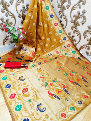 Yellow color Paithani silk weaving work saree