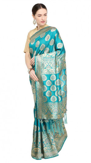 Sky blue color soft cotton silk woven work saree