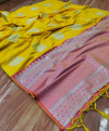Yellow color lichi silk weaving saree