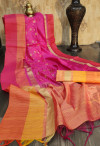 Pink color raw silk saree with embroidered cut work