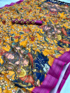 Yellow color soft linen saree with kalamkari and ajrak work