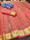 Peach color doriya saree with zari woven border