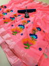 Peach color semi linen saree with chain stitched work