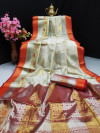 Cream color banarasi crystal silk weaving saree