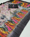 Black color soft linen cotton saree with kalamkari digital print