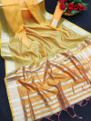 Yellow color banglori silk weaving saree with zari border