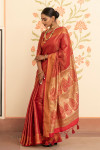 Red color soft kanchipuram silk saree with zari border