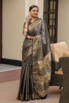 Black color soft kanchipuram silk saree with zari border
