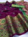 Wine color soft lichi silk Weaving Jequard work saree