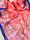 Peach color lichi silk saree with silver zari work