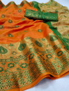 Orange color soft lichi silk Weaving Jequard work saree