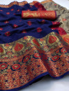 Blue color soft lichi silk Weaving Jequard work saree