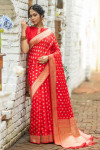 Red color soft banarasi silk saree with zari weaving work