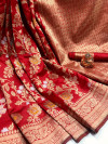 Red color soft banarasi silk saree with golden zari weaving work