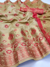 Cream color soft lichi silk Weaving Jequard work saree