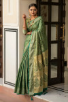 Green color soft kanchipuram silk saree with zari border