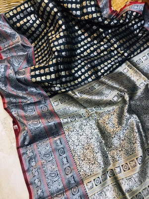 Black lichi soft silk saree with zari weaving work