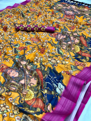 Yellow color soft linen saree with kalamkari and ajrak work