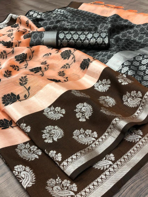 Peach color tissue silk saree with jacquard weaving butta